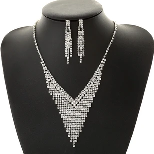 Classic Bridal and Evening Party Rhinestone Necklace and Earrings Jewelry Set