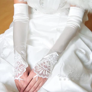 Plus Long Stretch Satin Embroidered Beads Exposed Finger Gloves