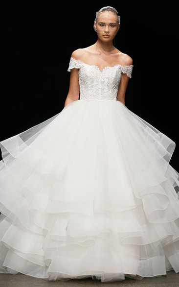 Glamourous Off the Shoulder Lace Bodice Tiered Tulle Ball Gown