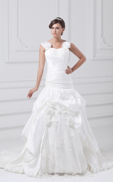 Caped-Sleeve Pick-Up Ruched Flower and Gown With Lace