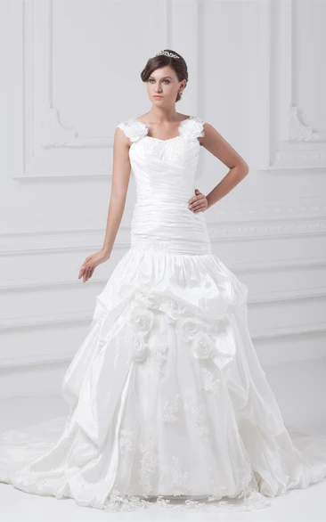 Caped-Sleeve Pick-Up Ruched Flower and Gown With Lace