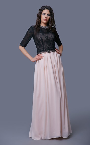 Lace and Chiffon A-Line Floor Length Dress With Half Sleeves and Jeweled Neck