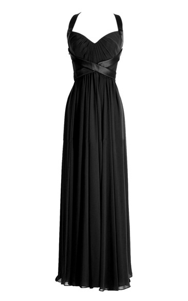 Halter Long Chiffon Gown With Criss-cross Style