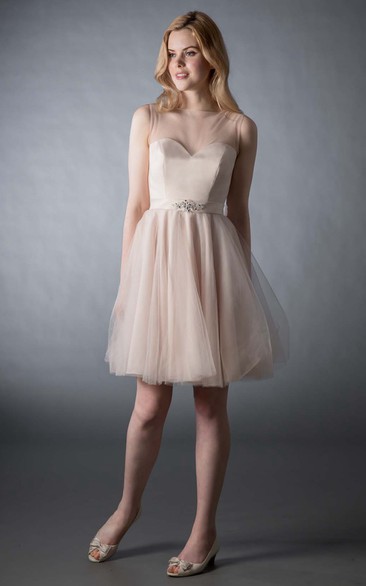 Short A-Line V-Neck Jeweled Sleeveless Tulle Bridesmaid Dress