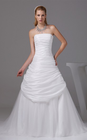 Ruched A-Line Sleeveless Side Draping Gown With Court Train and Zipper Back
