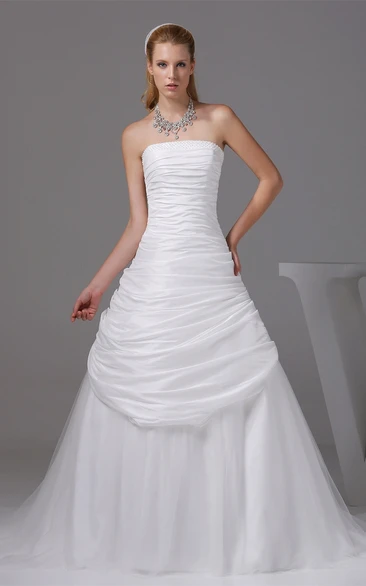 Ruched A-Line Sleeveless Side Draping Gown With Court Train and Zipper Back
