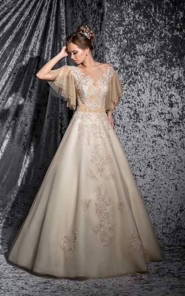 A-Line Floor-Length Bateau Poet-Sleeve Keyhole Organza Dress With Appliques