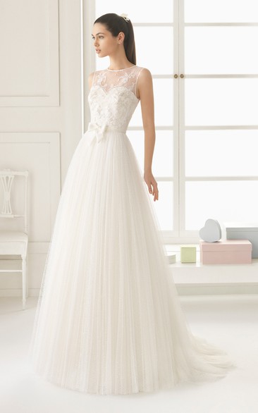 Sleeveless A-line Lace Dress With Illusion Back And Bow Sash