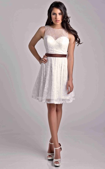 Lace A-Line Short Sleeveless Bridesmaid Dress With Satin Bow Sash