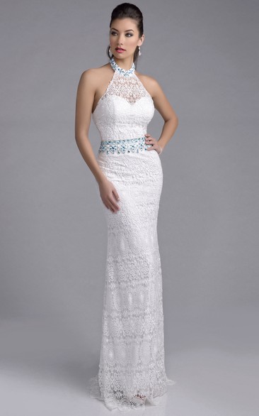 Halter Sheath Lace Prom Dress With Rhinestones On Waist And Neck