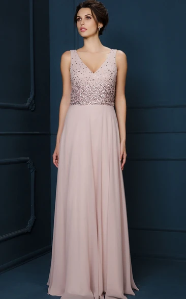 A-Line Long Beaded V-Neck Sleeveless Chiffon Evening Dress