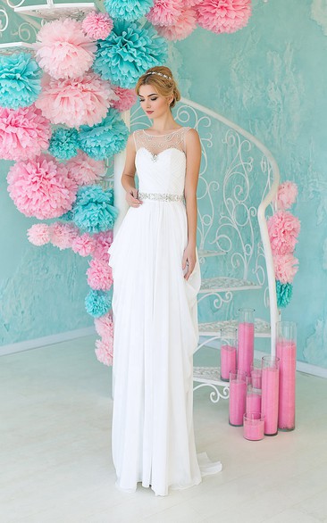 Pencil Floor-Length Scoop Sleeveless Chiffon Dress With Beading And Draping