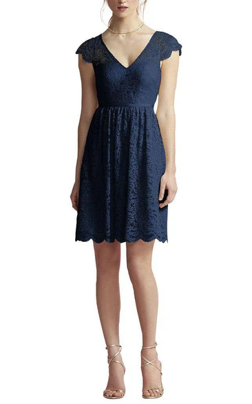 Cap Sleeve V-neck Lace A-line Bridesmaid Dress with Keyhole Back