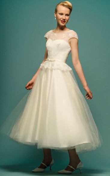 A-Line Tea-Length Appliqued Scoop Neck Cap Sleeve Tulle Wedding Dress