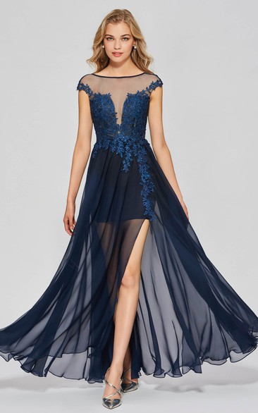 A-line Sexy Split Front Bateau Chiffon Gown With Lace Appliques And Deep V-back