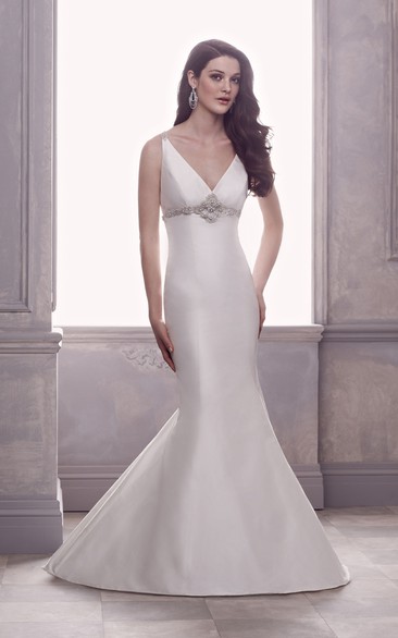 V-Neck Classic Long Dress With Beaded Sash