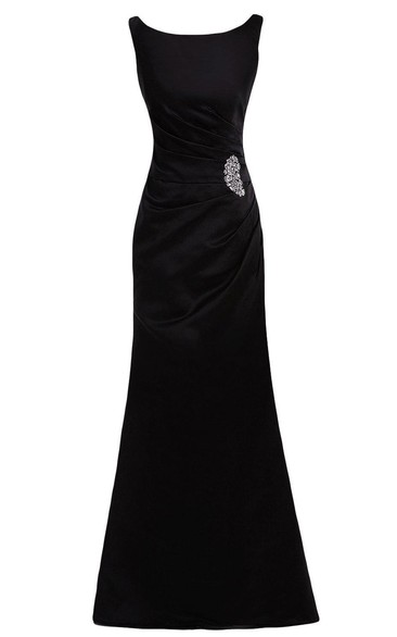 Cap-sleeved Bateau-neck Satin Gown With Beadings