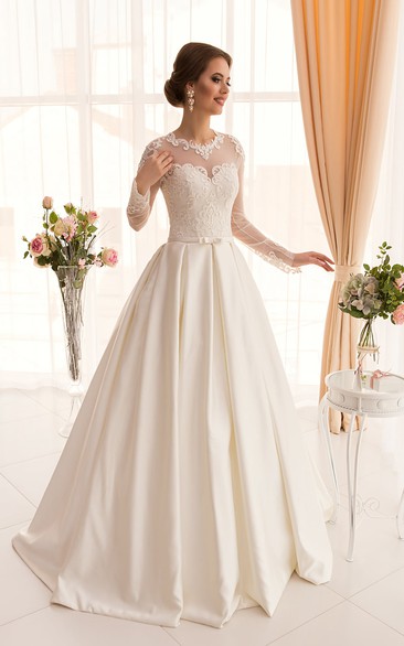 A-Line Long Jewel Long-Sleeve Illusion Satin Dress With Appliques