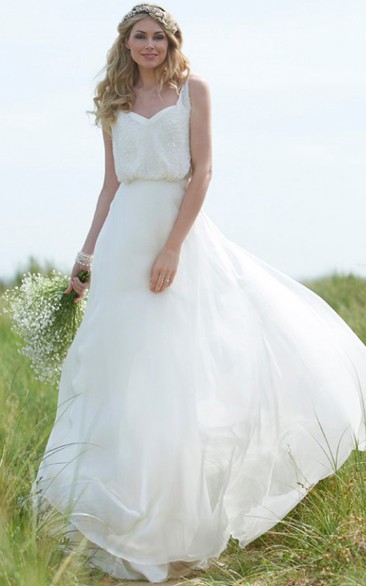 Straps Maxi Beaded Chiffon Wedding Dress With Sweep Train And V Back