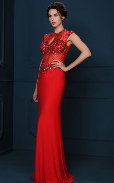 Sheath Floor-Length Crystal Cap-Sleeve Jewel-Neck Jersey Evening Dress