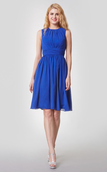 Elegant High Neck Pleated Short Chiffon Dress With Sash