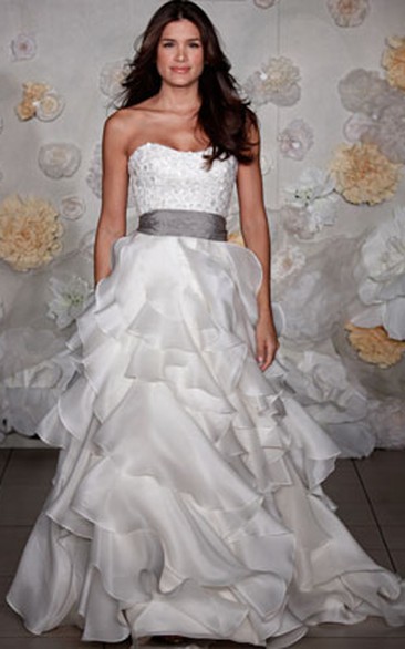 Magnificent Strapless Embroidered Bodice Organza Ruffle Dress With Ribbon