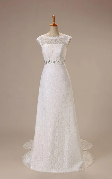 Elegant Cap Sleeve Bateau Neck Lace Dress With Beaded Waist and Back Bow