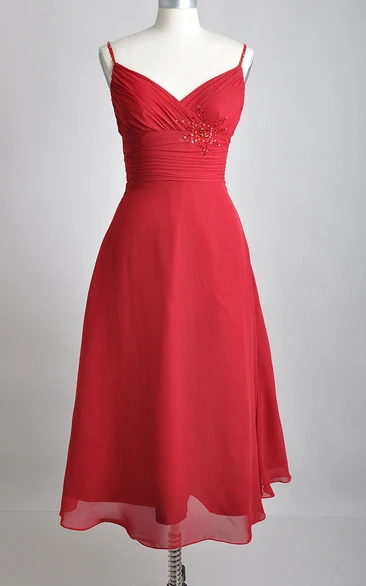 Tea-length V-Neckline A-line Chiffon Bridesmaid Dress With Spaghette Straps