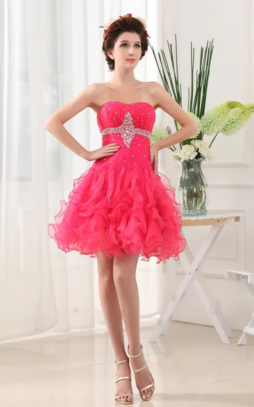 Sleeveless Short-Length A-Line Gown With Crystal Detailing and Ruffles