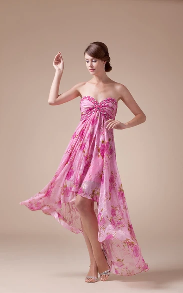 Sweetheart High-Low Empire Criss-Cross Floral Print and Dress With Jewel