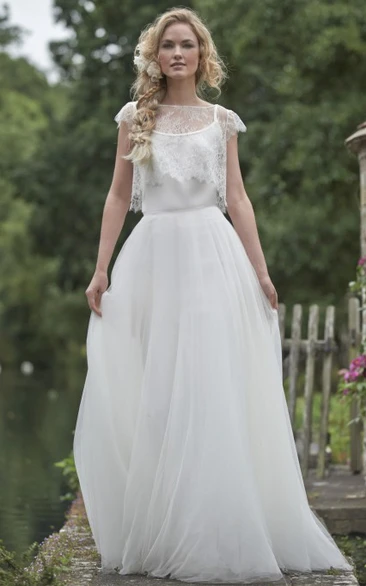 Jewel Floor-Length Cap-Sleeve Lace Tulle Wedding Dress With Illusion