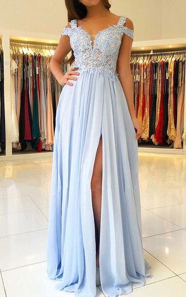 Chiffon Lace Floor-length A Line Short Sleeve Elegant Formal Dress with Pleats