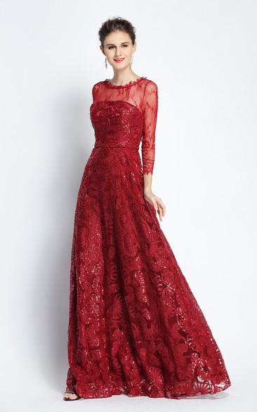 A-Line Floor-length Bateau Scalloped Lace Long Sleeve Prom Dress with Sequins