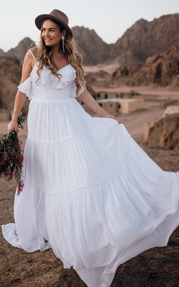 Bohemian Spaghetti Chiffon A Line Sleeveless Floor-length Sweep Train Wedding Dress with Ruffles