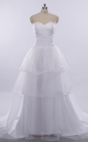 A-Line Long Sweetheart Sleeveless Bell Pleats Tiers Lace-Up Back Keyhole Tulle Lace Dress