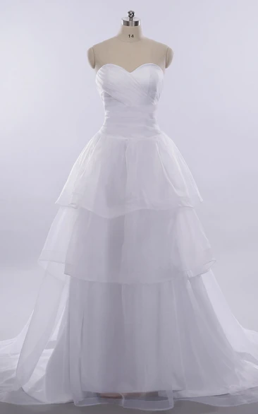 A-Line Long Sweetheart Sleeveless Bell Pleats Tiers Lace-Up Back Keyhole Tulle Lace Dress