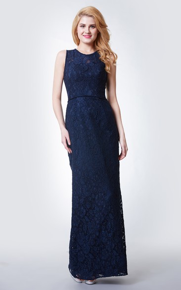 Sleeveless Jewel Neck Long Lace Dress With Keyhole Back