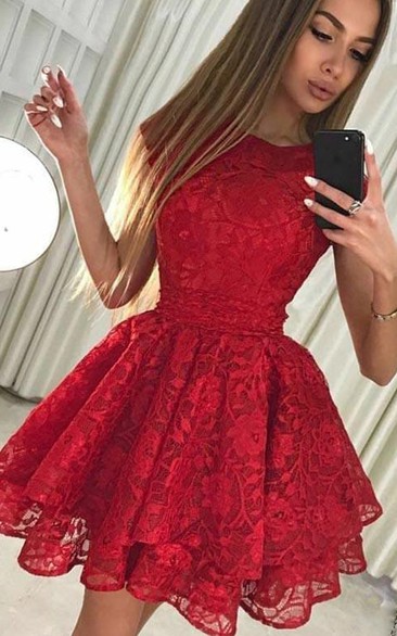 Lace A Line Zipper Cap Short Sleeve with Bows and Tiers Homecoming Dress