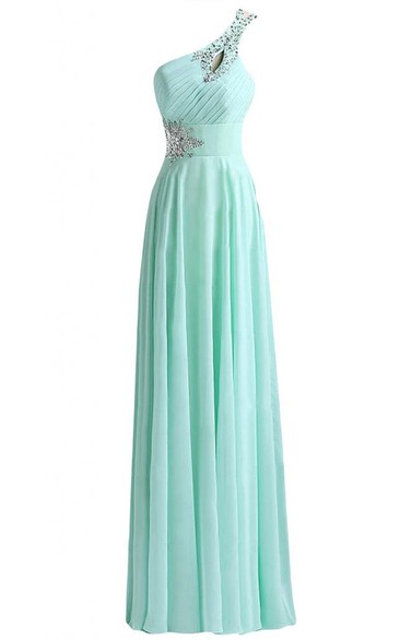 One-shoulder Beaded Chiffon A-line Gown With Lace-up Back