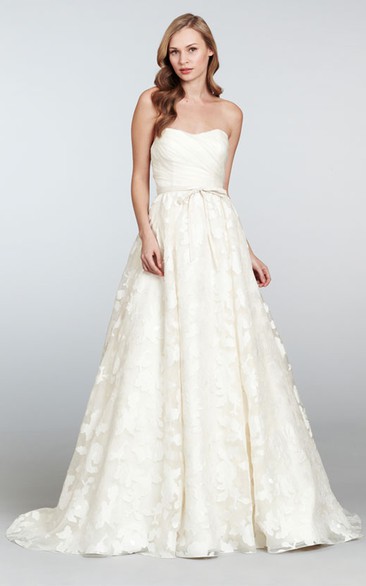 Classic Strapless Draped Bodice Organza Brocade Dress With Bow Detail