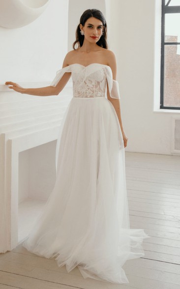 Sexy A Line Tulle Sweetheart Sweep Train Wedding Dress with Split Front