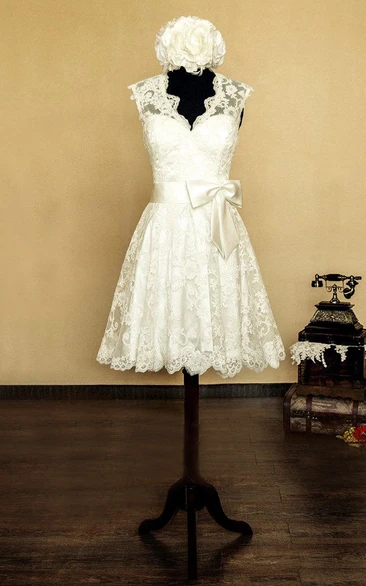 V-Neck Sleeveless Keyhole Back Short Lace Wedding Dress With Bow And Flower