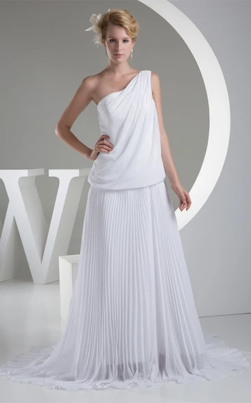 One-Shoulder Chiffon Floor-Length Pleated Dress With Gemmed Waist