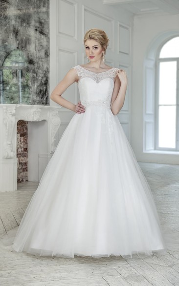 A-Line Floor-Length Scoop Cap-Sleeve Low-V-Back Tulle Dress With Lace And Beading