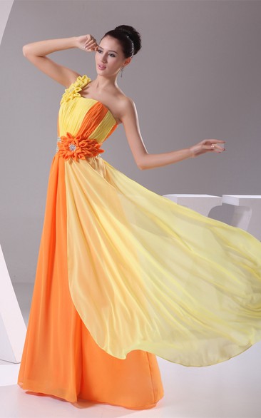 Two-Tone Pleated Floor-Length One-Shoulder Dress With Floral Waist
