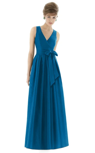 Long V-Neck Sleeveless Ruched Satin Gown with Side Bow Sash and Pleats