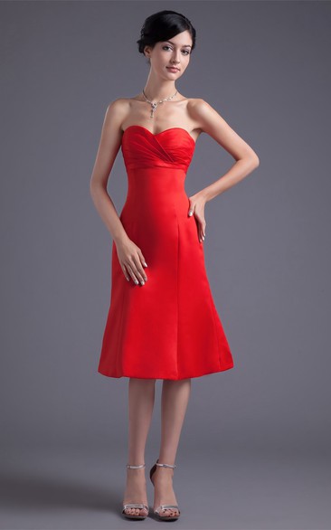 Glossy Sleeveless Midi Satin a Line Sweetheart Bridesmaid Dresses