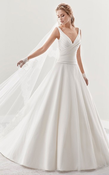 V-Neck A-Line Pleated Bridal Gown With Low-V Back And Brush Train