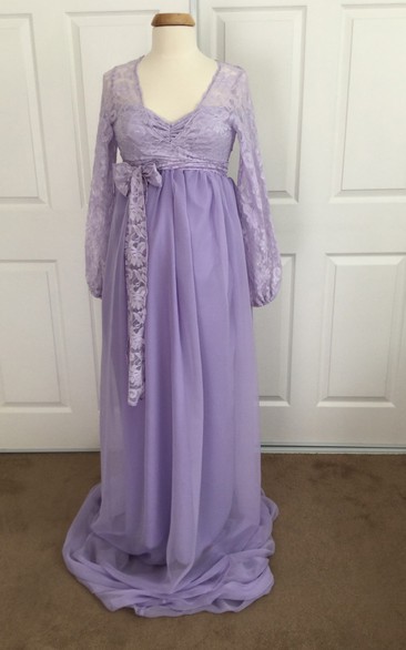 Chiffon Lace A-line Illusion Long Sleeve V-neck Maternity Dress