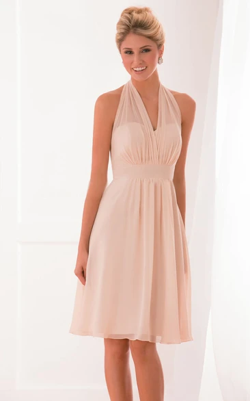 Halter V-Neck Knee-Length Bridesmaid Dress With Pleats